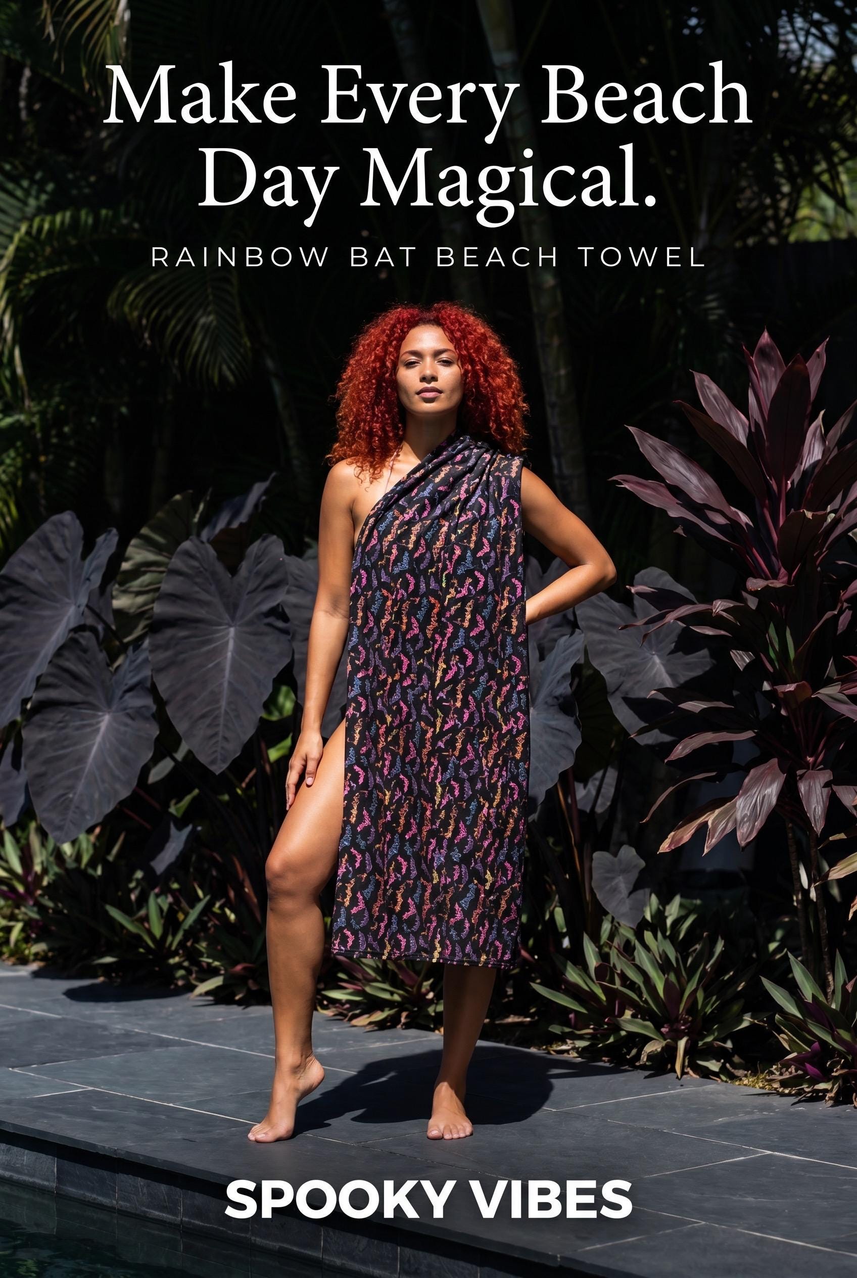 Rainbow Bat Beach Towel, Gothic Halloween Accessory, Bat Lover Gift, Witchy Decor