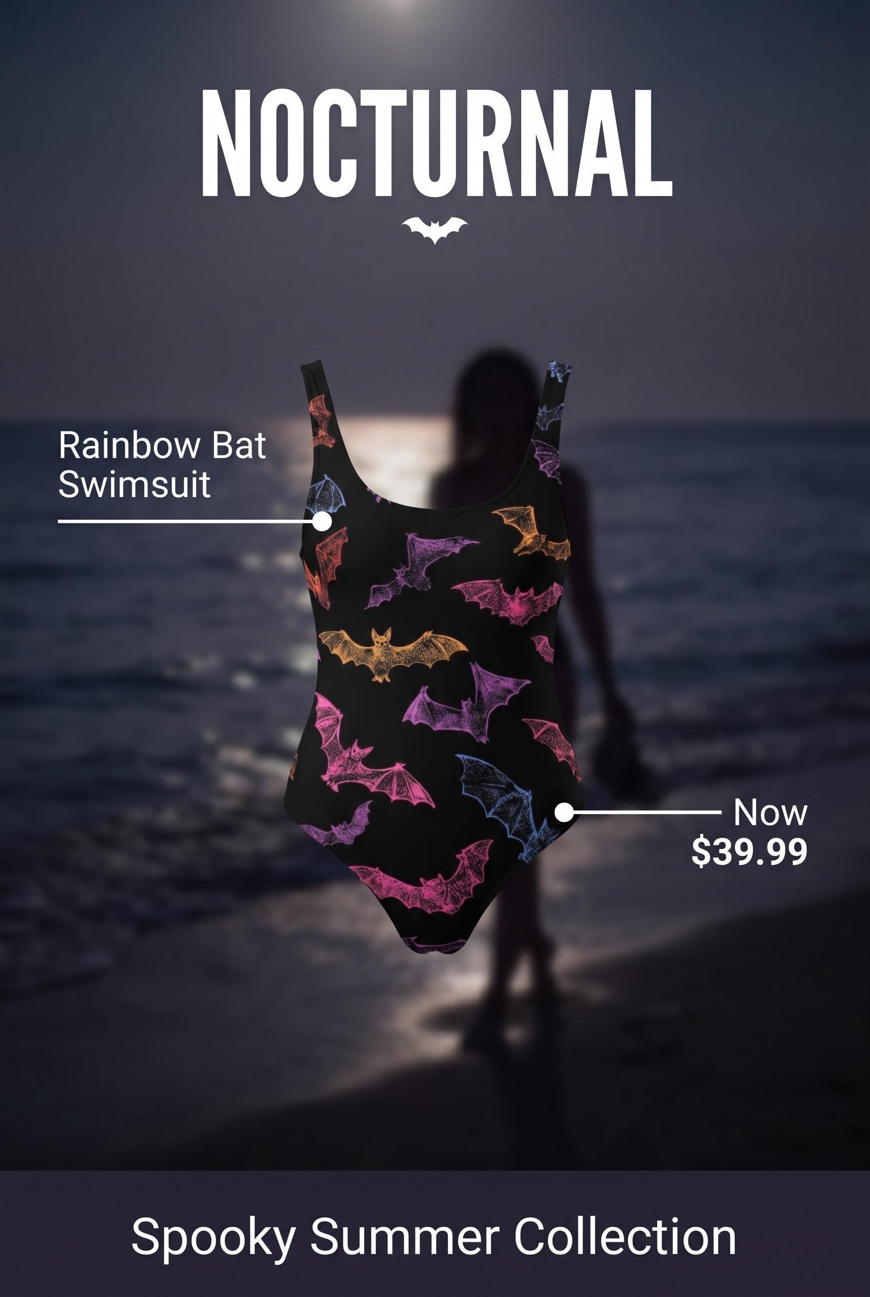 Rainbow Bat Swimsuit | Gothic Swimwear | Halloween One Piece | Alternative Bathing Suit | Bat Lover Gift