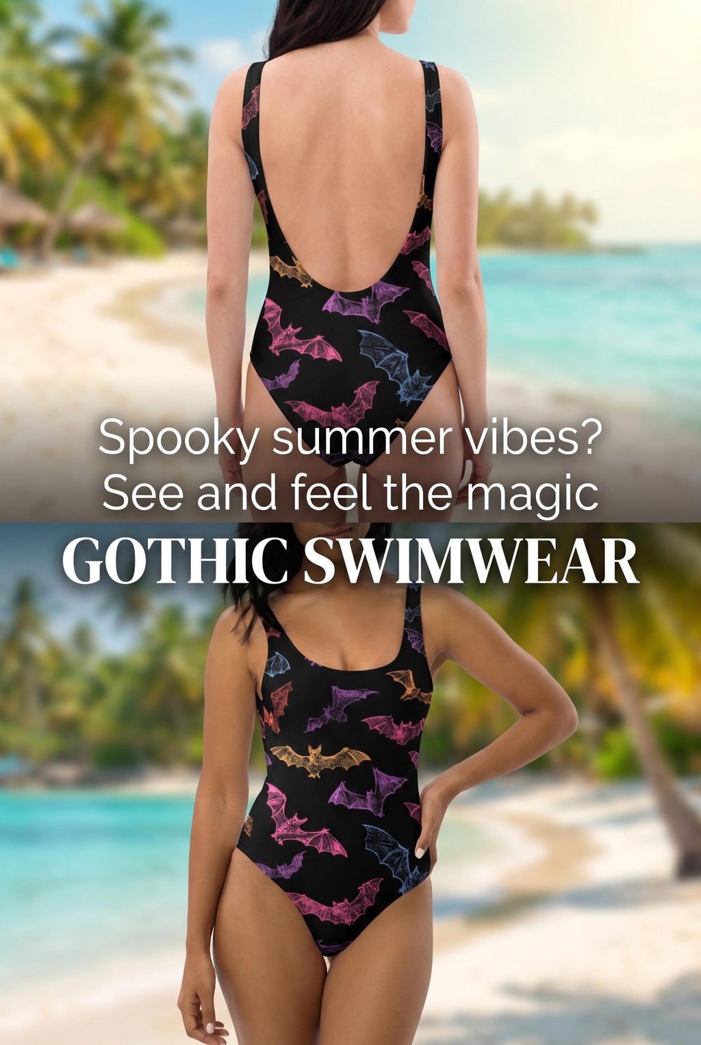 Rainbow Bat Swimsuit | Gothic Swimwear | Halloween One Piece | Alternative Bathing Suit | Bat Lover Gift