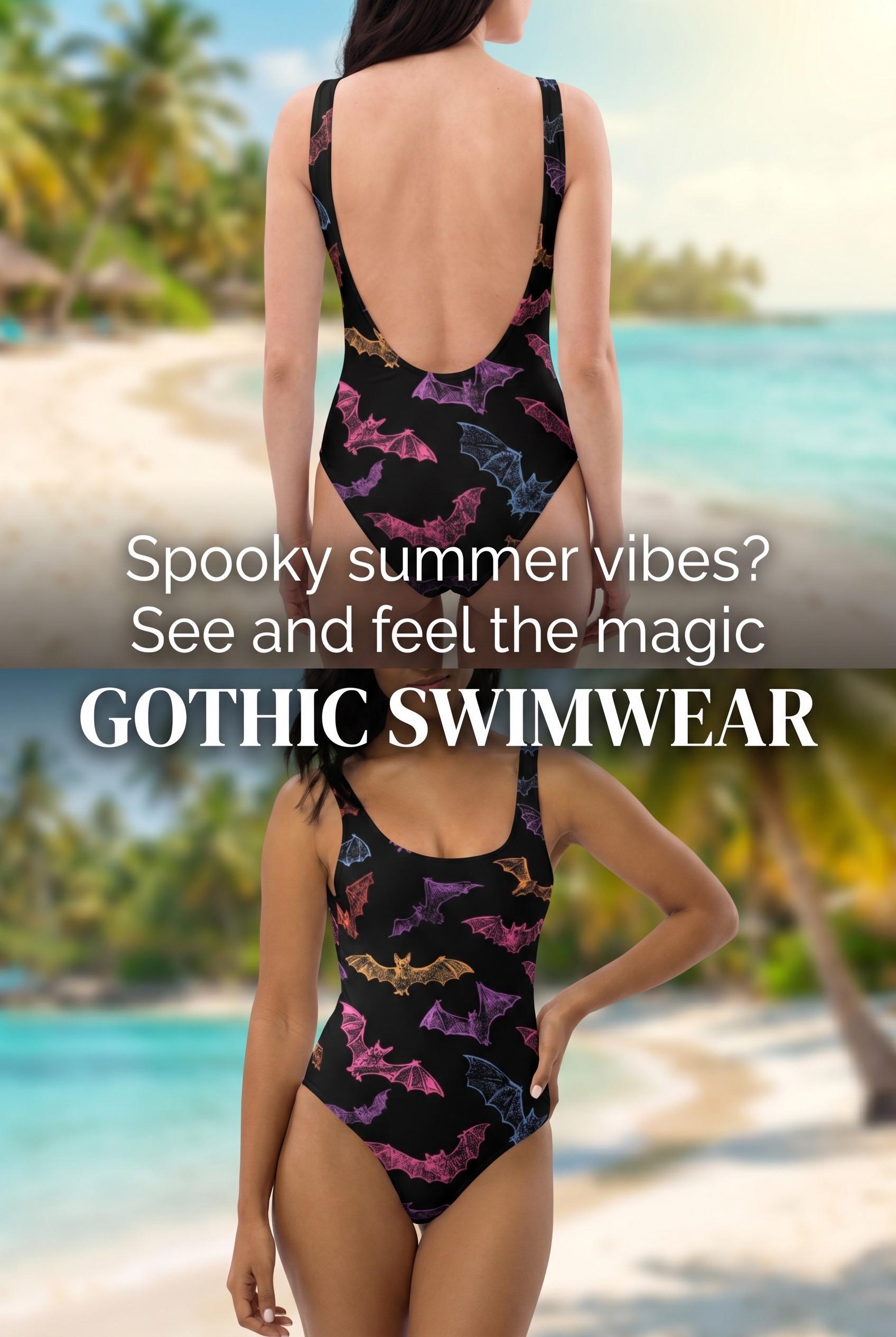 Rainbow Bat Swimsuit | Gothic Swimwear | Halloween One Piece | Alternative Bathing Suit | Bat Lover Gift