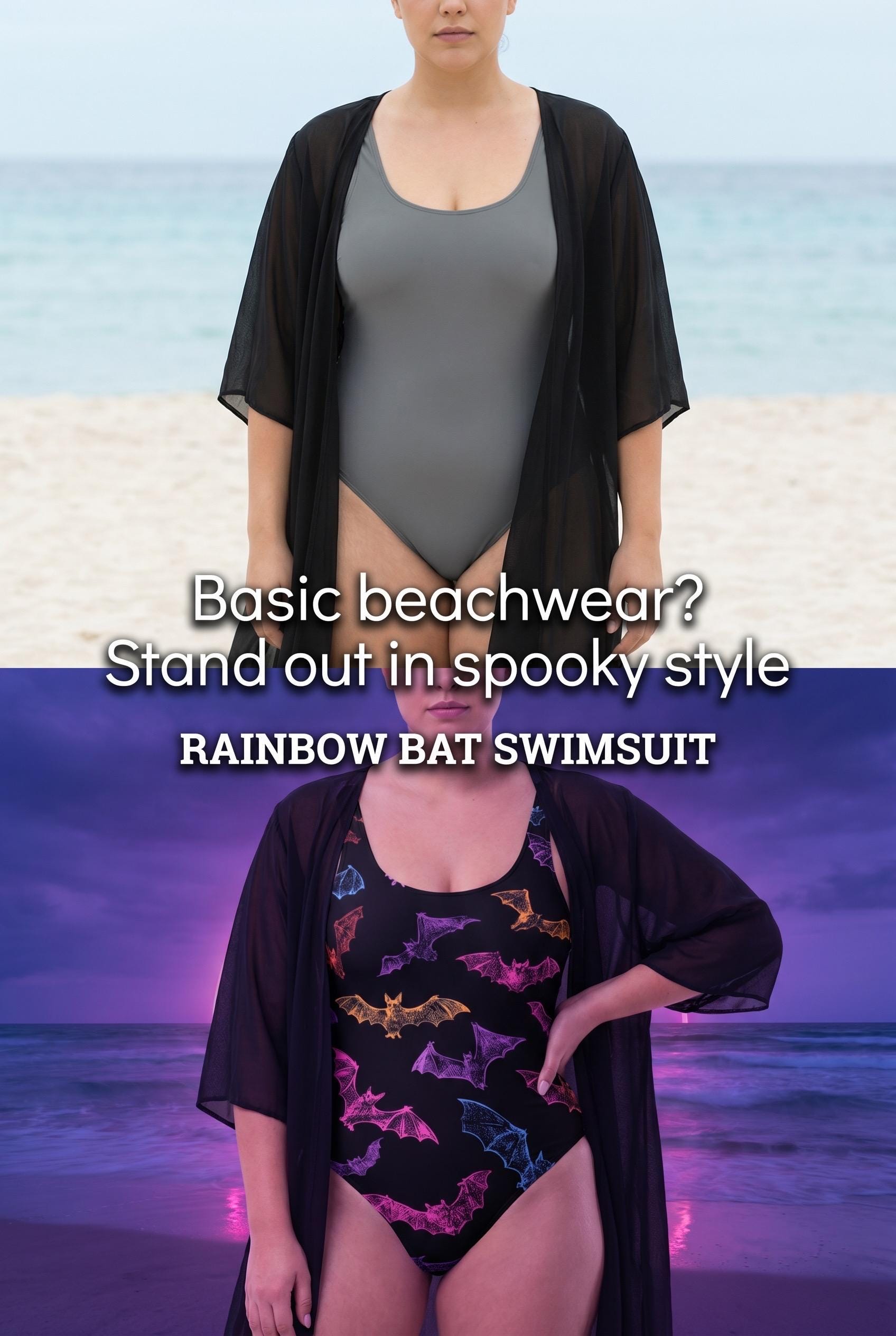 Rainbow Bat Swimsuit | Gothic Swimwear | Halloween One Piece | Alternative Bathing Suit | Bat Lover Gift