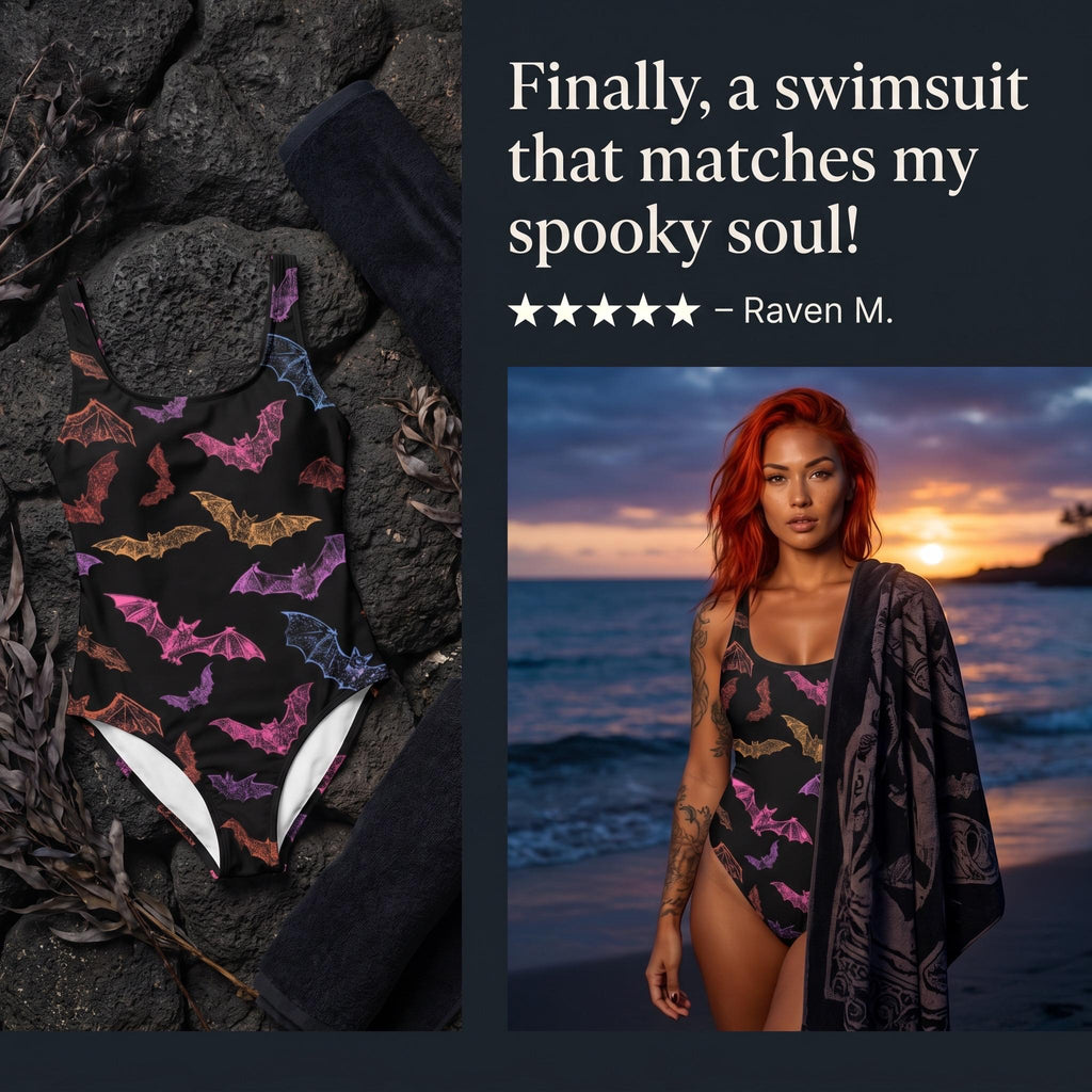 Rainbow Bat Swimsuit | Gothic Swimwear | Halloween One Piece | Alternative Bathing Suit | Bat Lover Gift