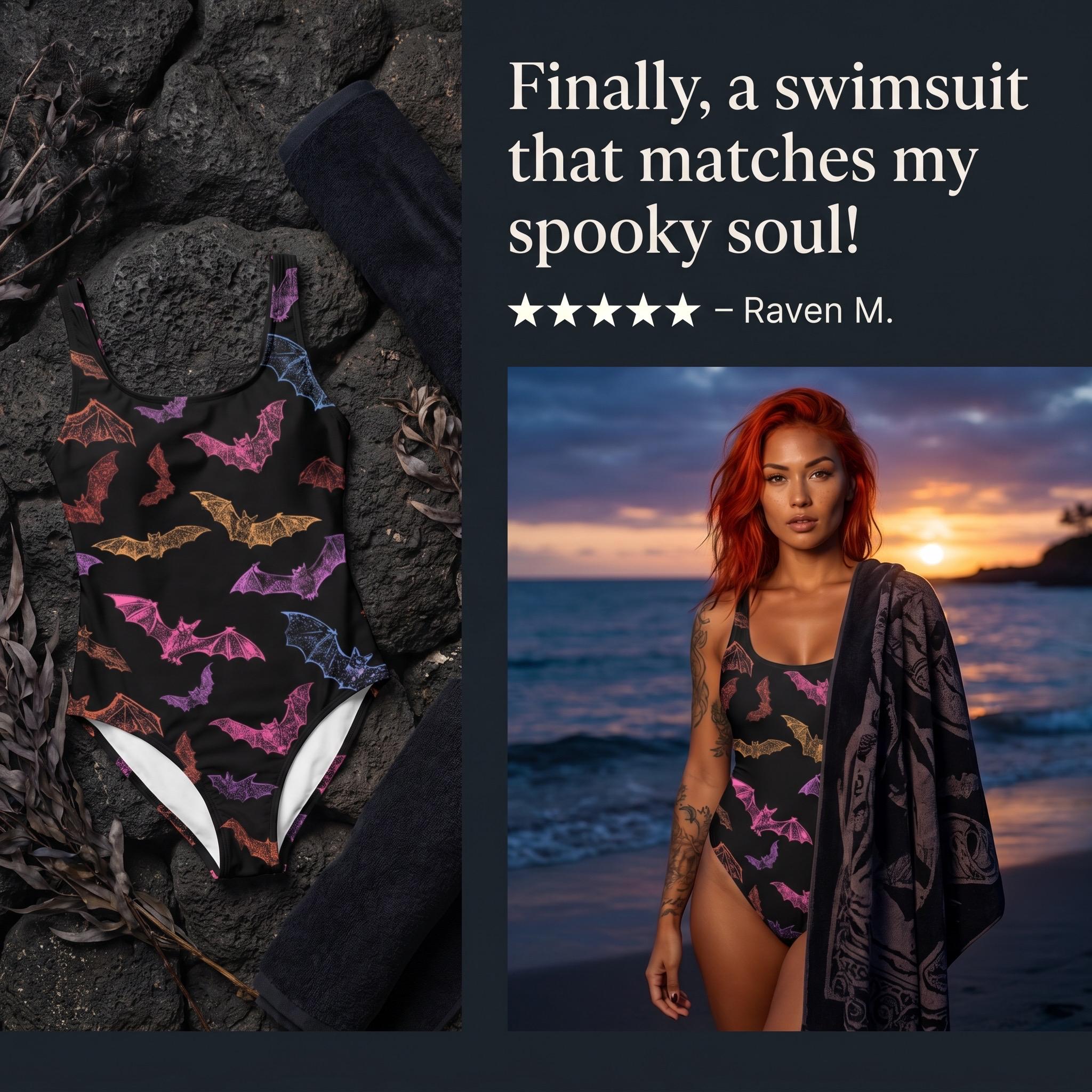 Rainbow Bat Swimsuit | Gothic Swimwear | Halloween One Piece | Alternative Bathing Suit | Bat Lover Gift