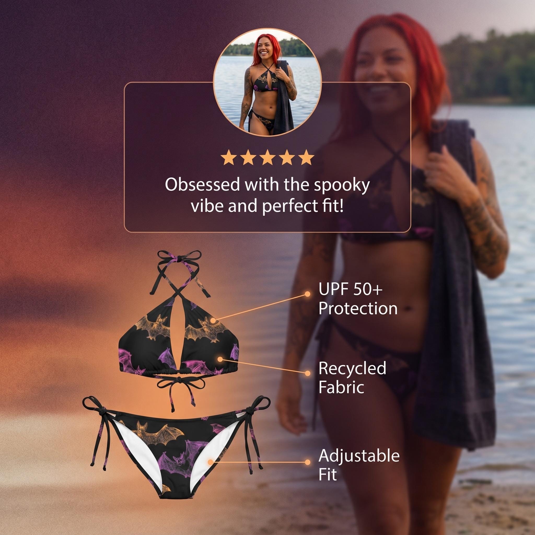 Rainbow Bat Bikini | Gothic Swimwear, Recycled Fabric, UPF 50+ Protection