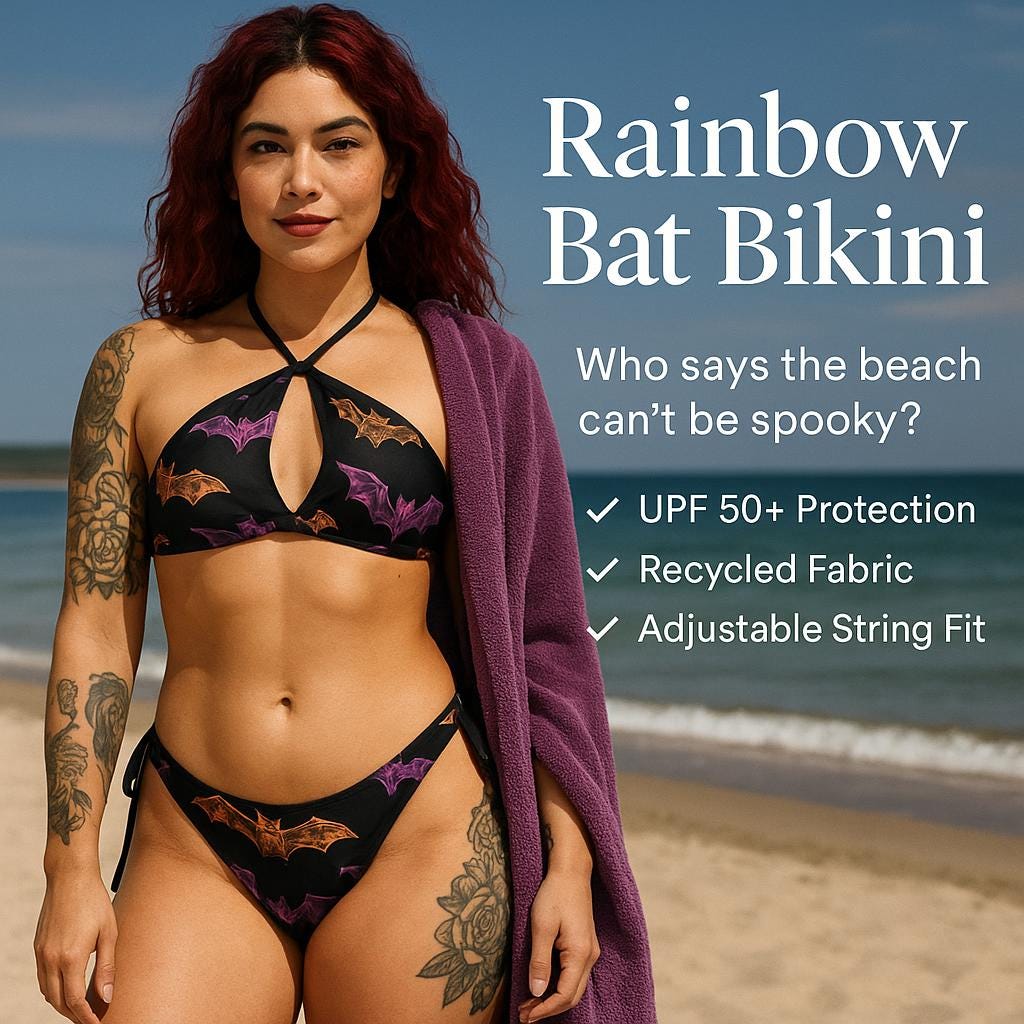 Rainbow Bat Bikini | Gothic Swimwear, Recycled Fabric, UPF 50+ Protection