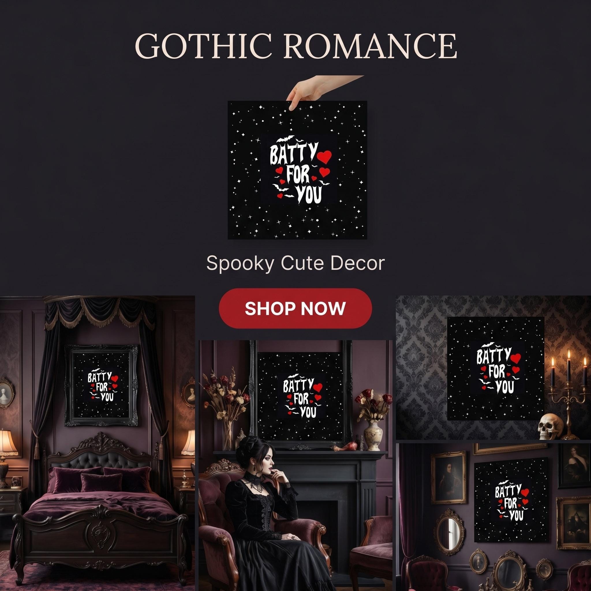 Batty For You Gothic Poster | Valentine Wall Art | Bat Lover Gift | Spooky Cute Decor | Gothic Romance Print | Halloween Decor