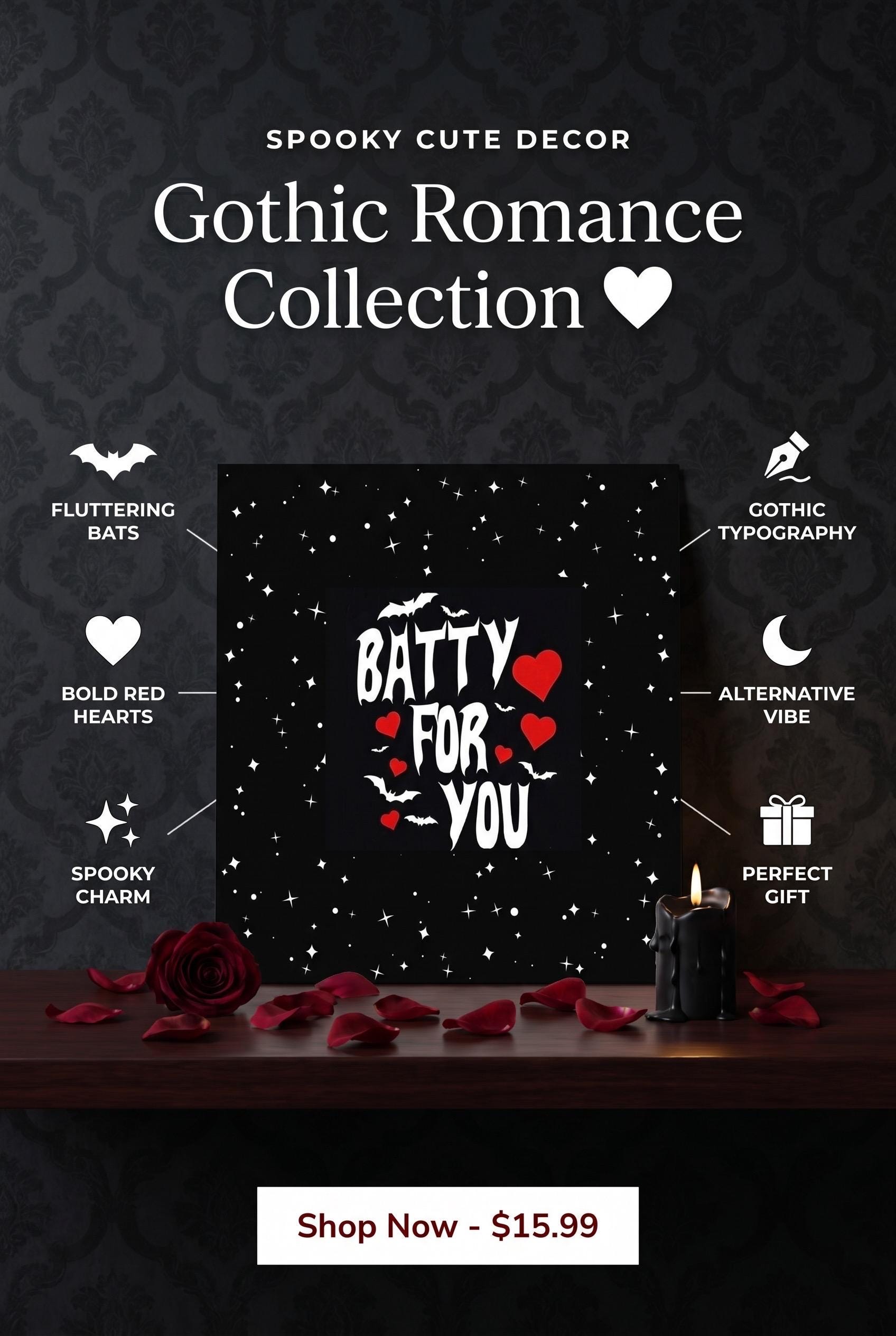 Batty For You Gothic Poster | Valentine Wall Art | Bat Lover Gift | Spooky Cute Decor | Gothic Romance Print | Halloween Decor