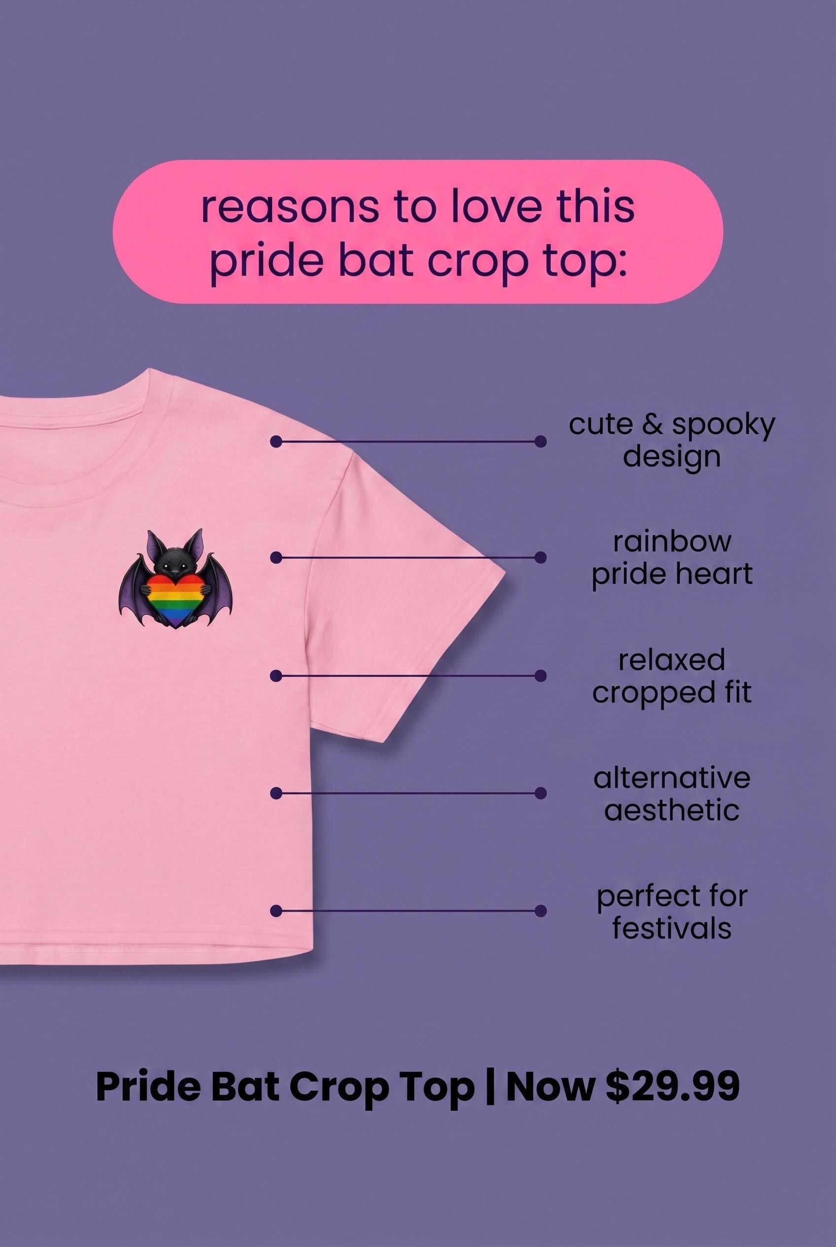 Pride Bat Crop Top | Rainbow Heart Bat Shirt | LGBTQ Pride Crop Tee | Cute Goth Pride Shirt | Bat Lover Gift