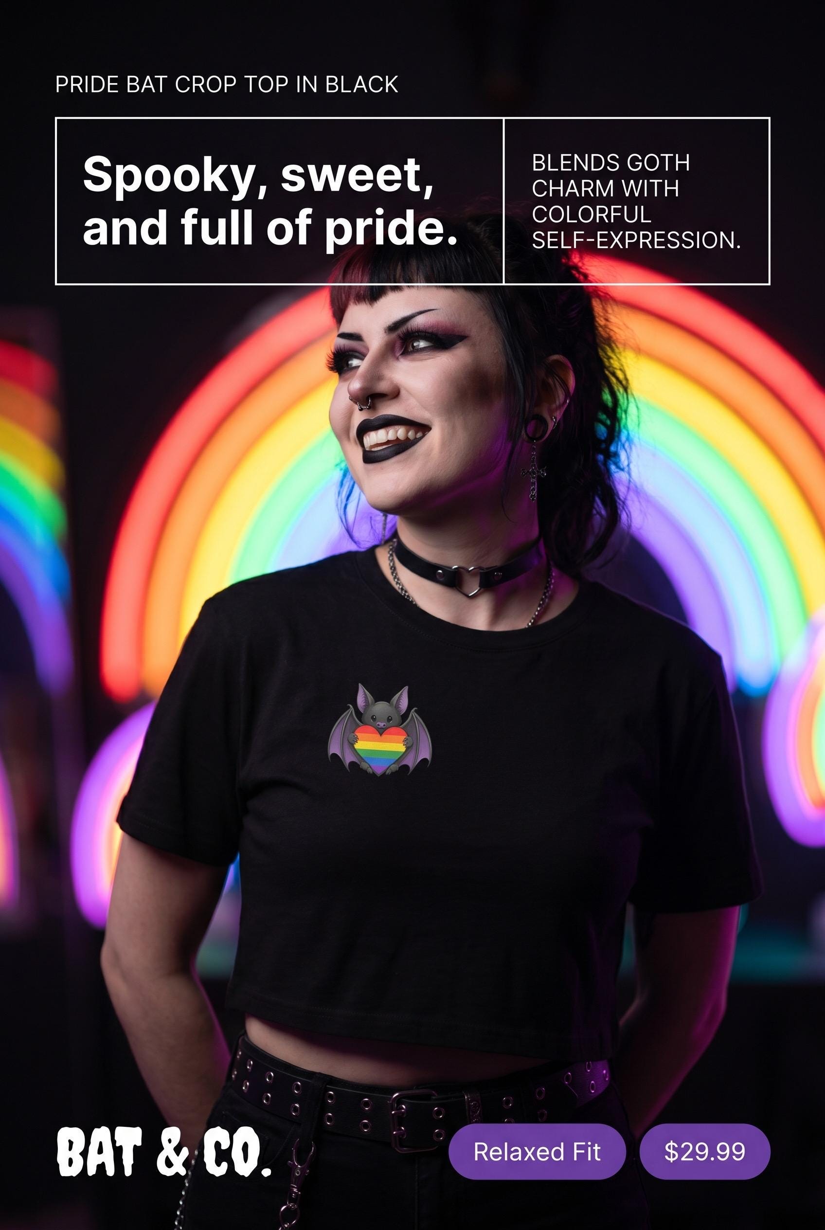 Pride Bat Crop Top | Rainbow Heart Bat Shirt | LGBTQ Pride Crop Tee | Cute Goth Pride Shirt | Bat Lover Gift