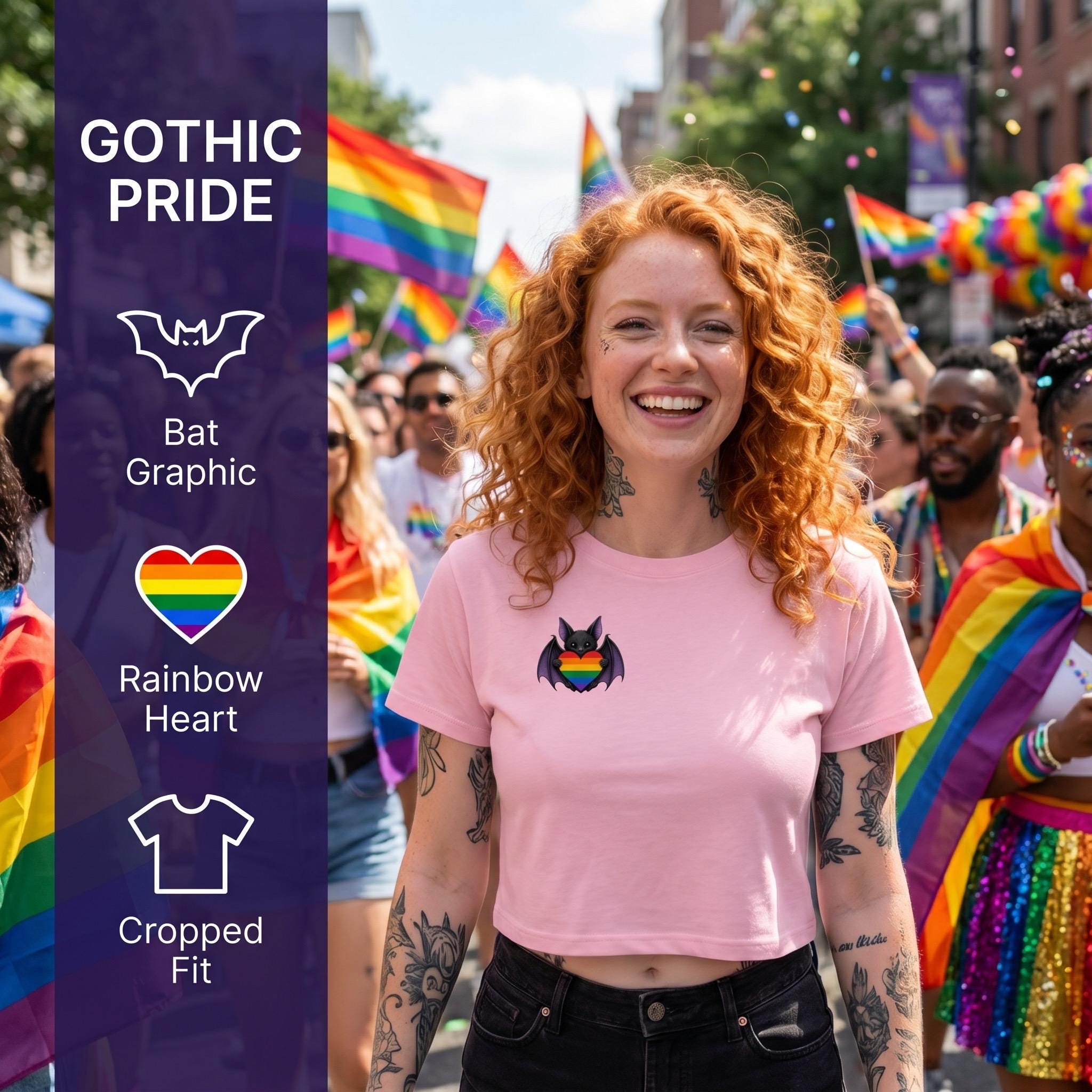 Pride Bat Crop Top | Rainbow Heart Bat Shirt | LGBTQ Pride Crop Tee | Cute Goth Pride Shirt | Bat Lover Gift