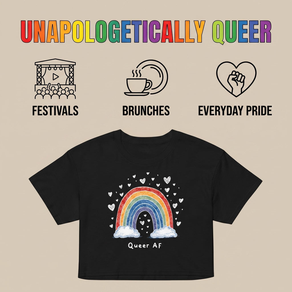 Queer AF Rainbow Crop Top | Funny LGBTQ Pride Shirt | Gay Pride Crop Tee | Pride Month Shirt | Rainbow Pride Top