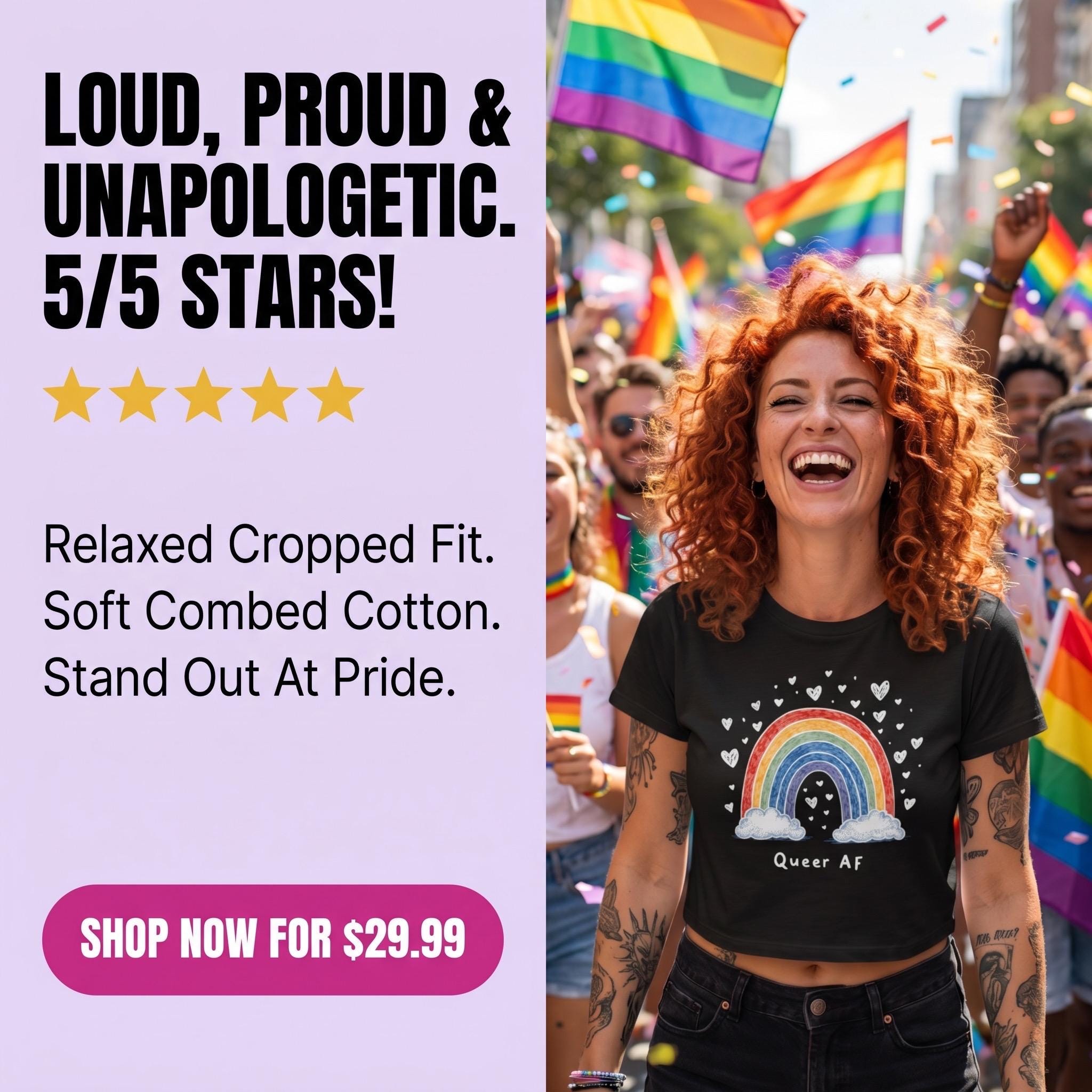 Queer AF Rainbow Crop Top | Funny LGBTQ Pride Shirt | Gay Pride Crop Tee | Pride Month Shirt | Rainbow Pride Top