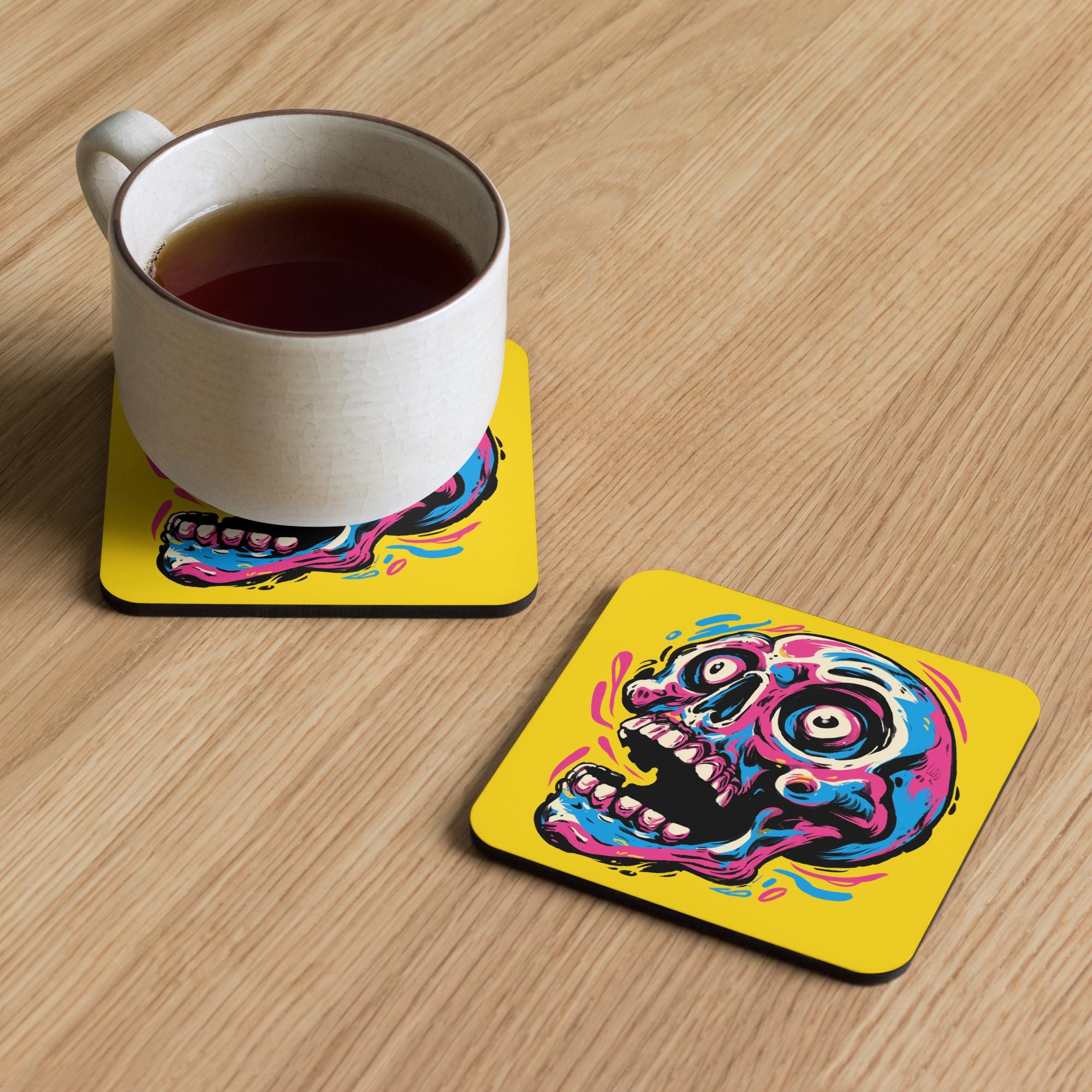 Pop Art Skull Cork Coaster | Colorful Skull Drink Coaster | Gothic Home Decor | Alternative Gift | Skull Lover Accessory