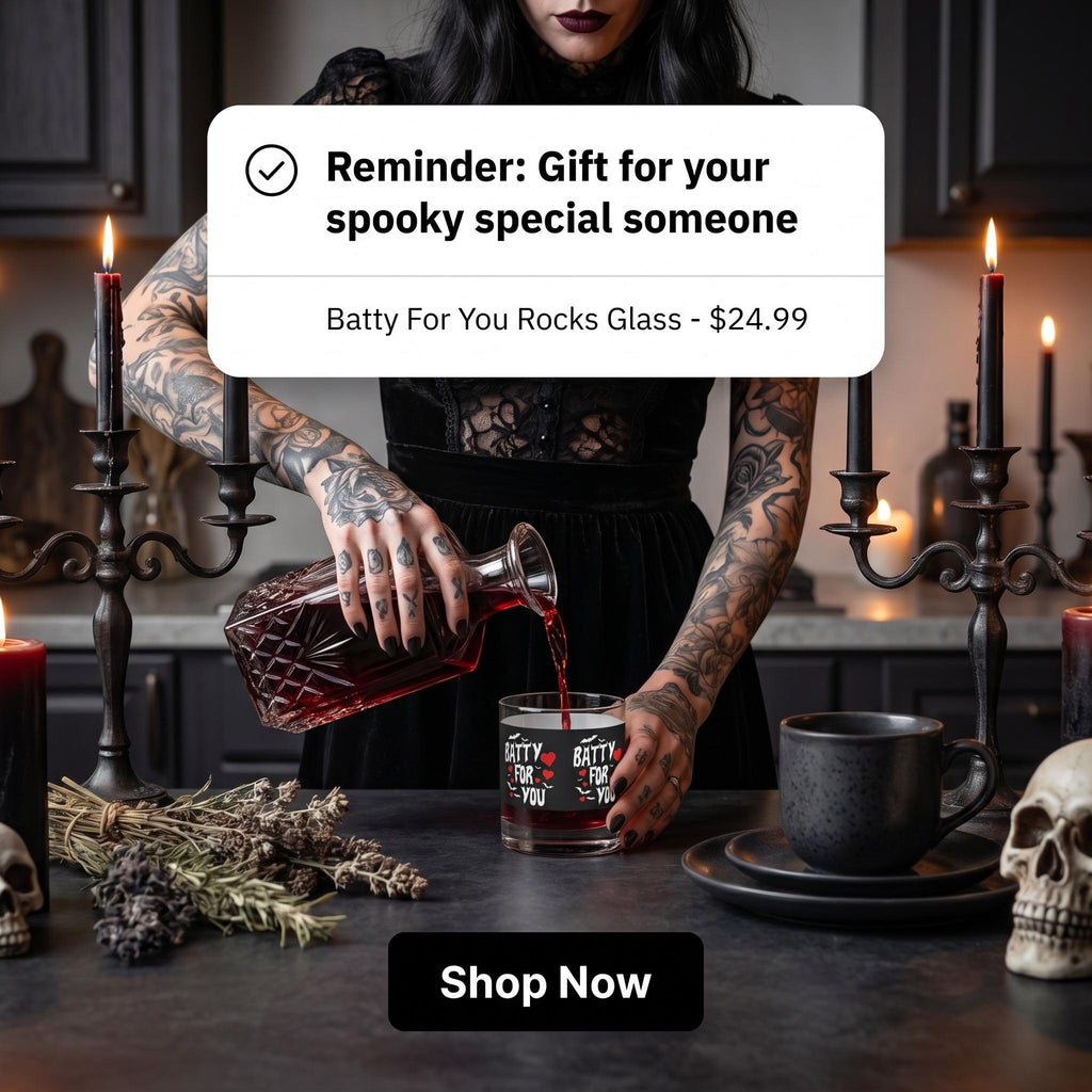 Batty For You Whiskey Glass | Gothic Rocks Glass | Bat Lover Gift | Halloween Barware | Spooky Cute Cocktail Glass