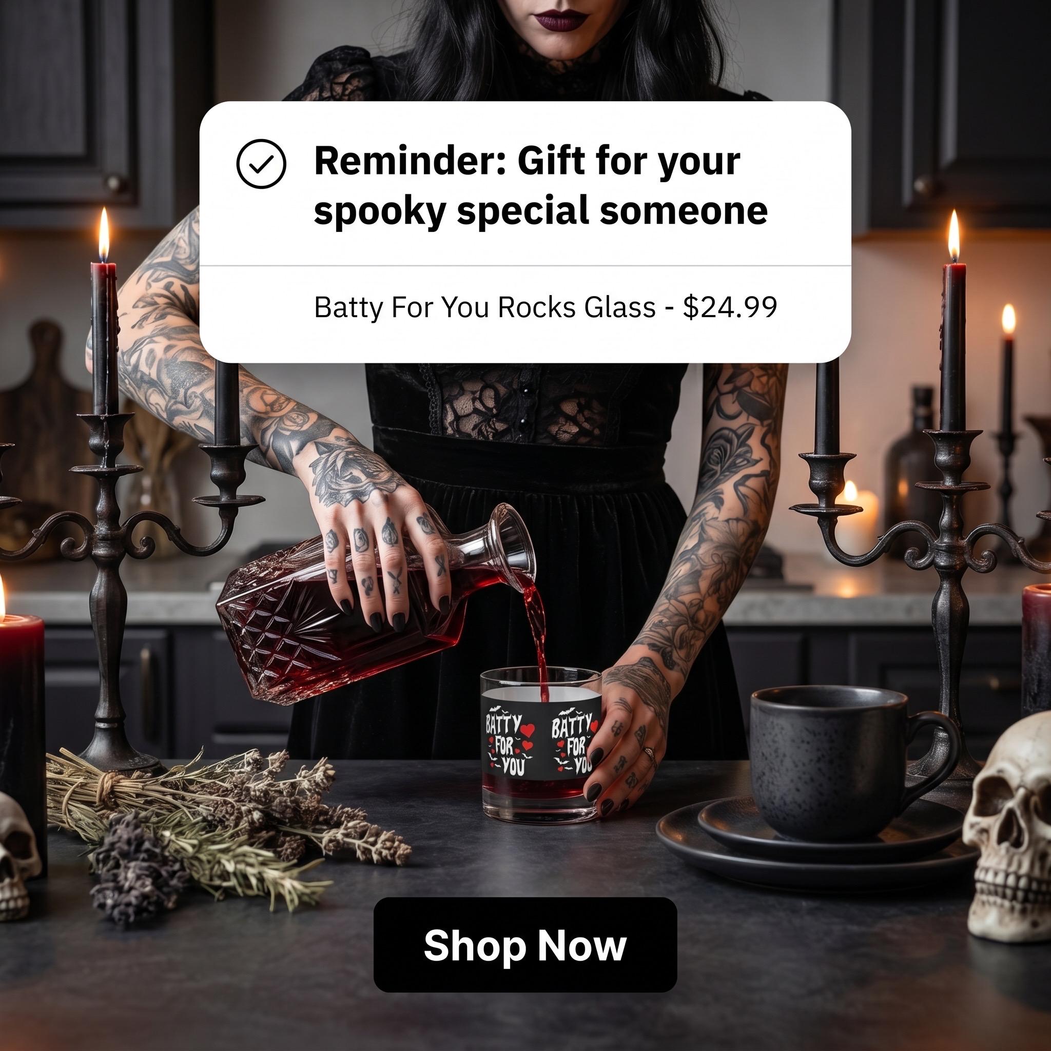 Batty For You Whiskey Glass | Gothic Rocks Glass | Bat Lover Gift | Halloween Barware | Spooky Cute Cocktail Glass