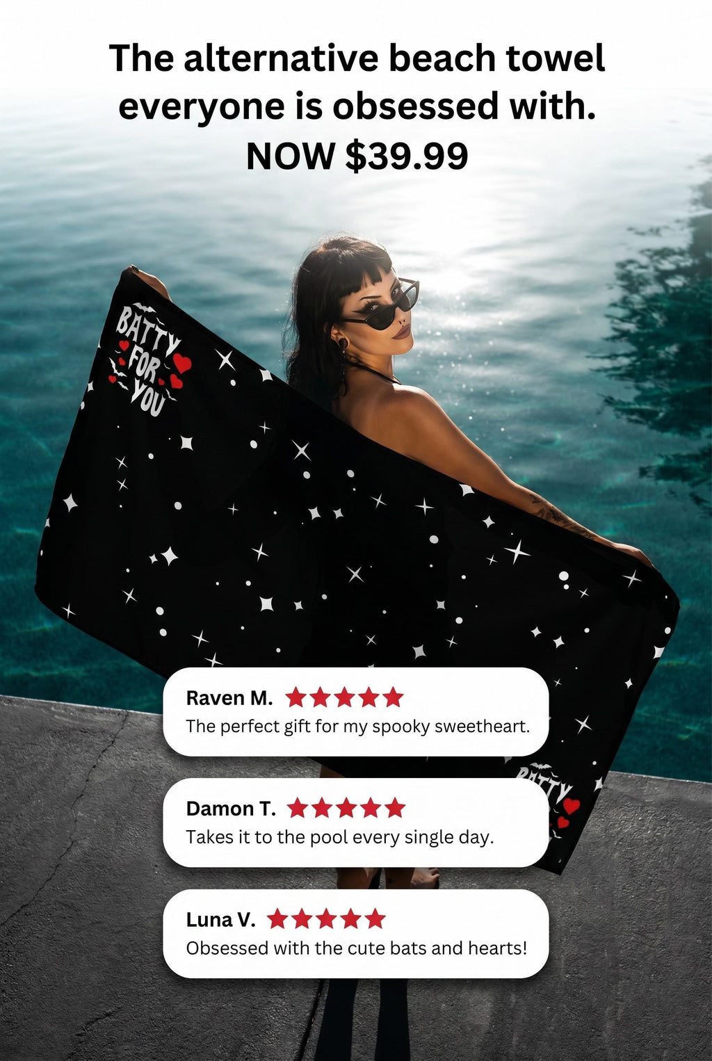 Batty For You Beach Towel | Gothic Valentine Towel | Cute Bat Beach Towel | Romantic Goth Gift | Alternative Pool Towel