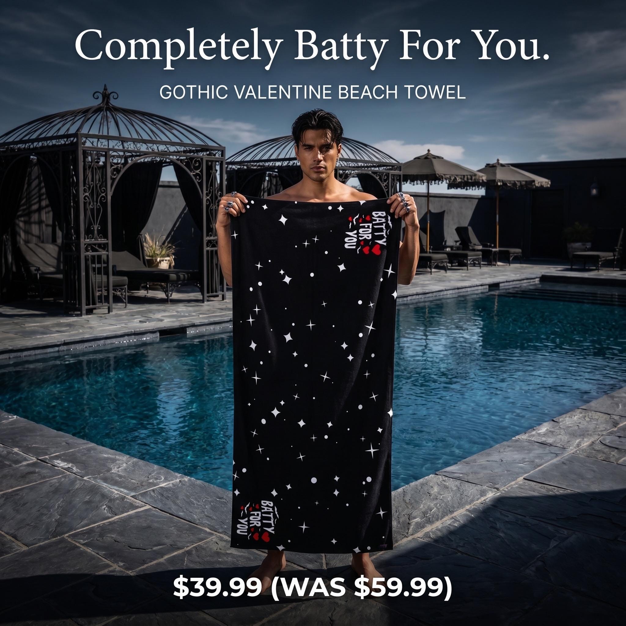Batty For You Beach Towel | Gothic Valentine Towel | Cute Bat Beach Towel | Romantic Goth Gift | Alternative Pool Towel