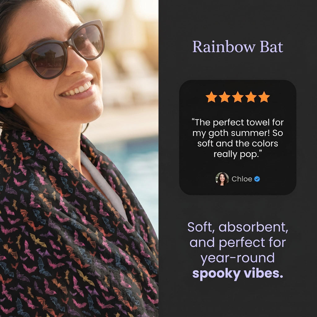 Rainbow Bat Beach Towel, Gothic Halloween Accessory, Bat Lover Gift, Witchy Decor