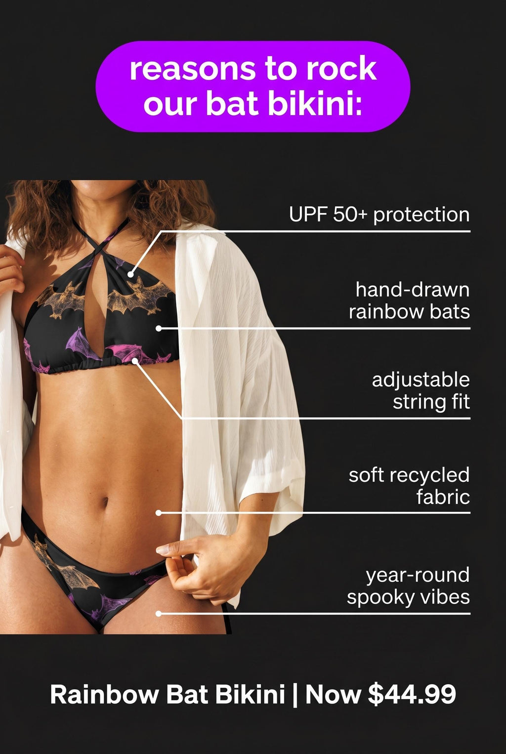 Rainbow Bat Bikini | Gothic Swimwear, Recycled Fabric, UPF 50+ Protection
