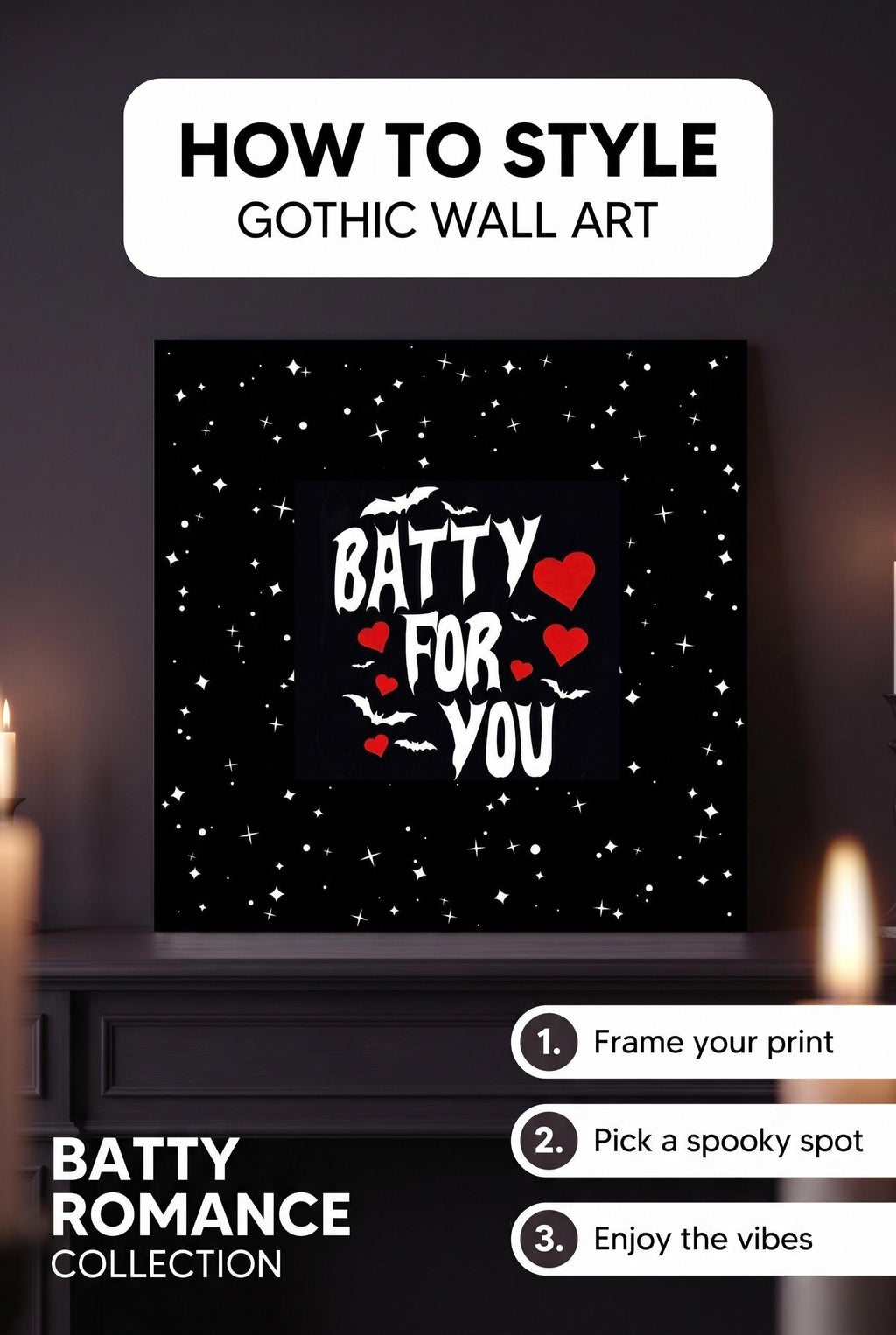 Batty For You Gothic Poster | Valentine Wall Art | Bat Lover Gift | Spooky Cute Decor | Gothic Romance Print | Halloween Decor