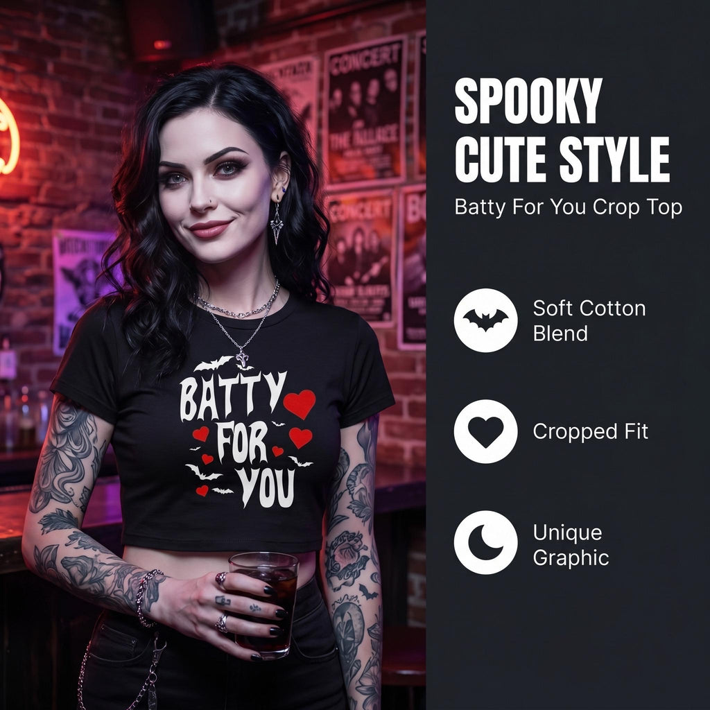 Batty For You Crop Top | Gothic Crop Tee | Bat Lover Shirt | Halloween Crop Top | Spooky Cute Apparel | Alternative Fashion