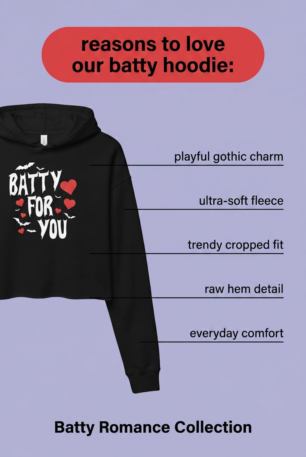 Batty For You Cropped Hoodie | Gothic Hoodie | Bat Lover Sweatshirt | Halloween Hoodie | Spooky Cute Fashion | Alternative Apparel