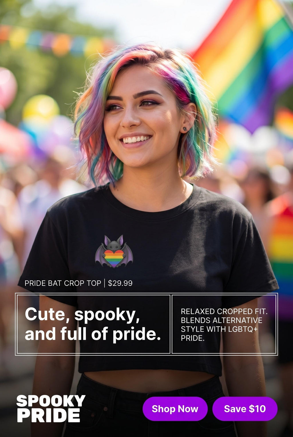 Pride Bat Crop Top | Rainbow Heart Bat Shirt | LGBTQ Pride Crop Tee | Cute Goth Pride Shirt | Bat Lover Gift