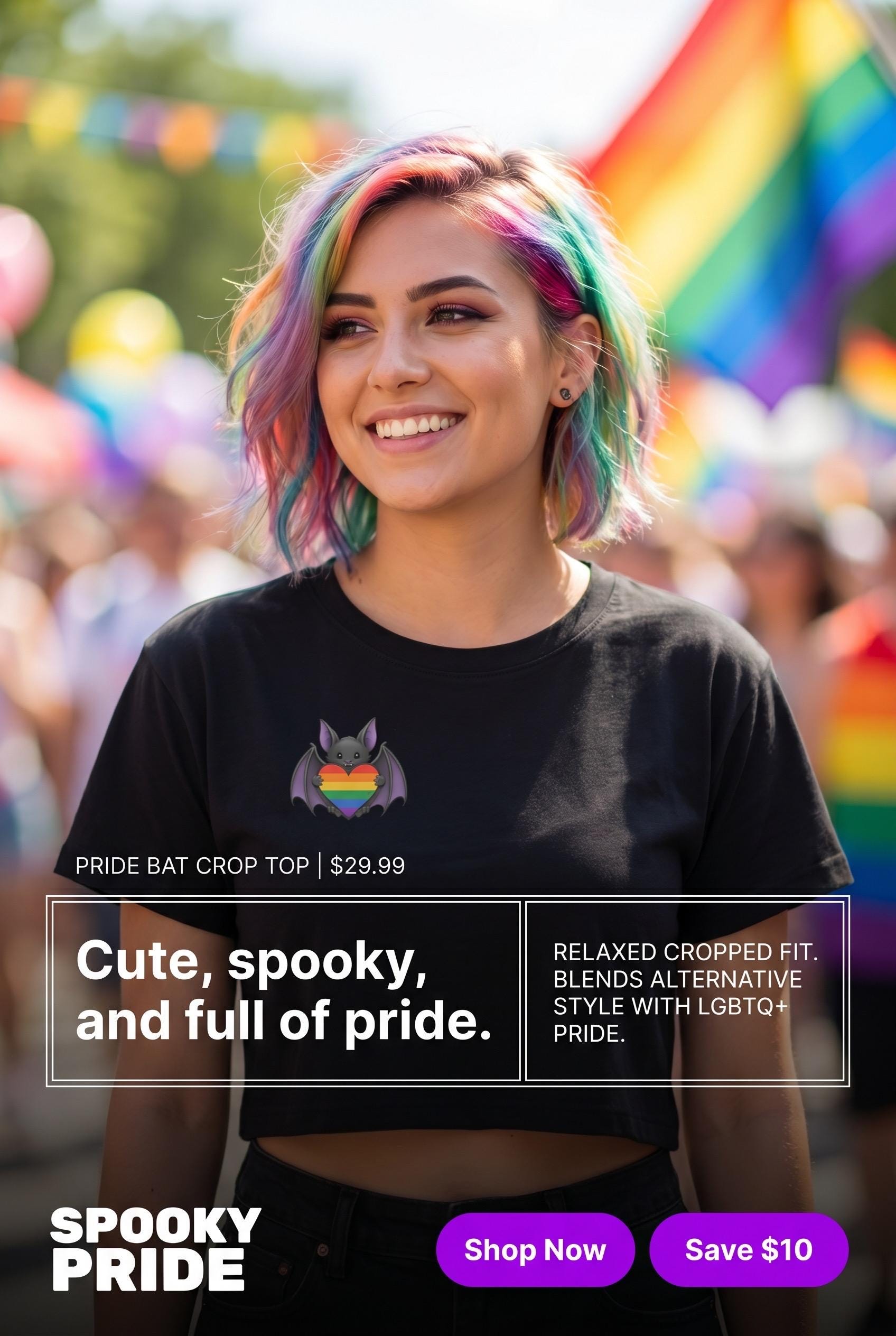 Pride Bat Crop Top | Rainbow Heart Bat Shirt | LGBTQ Pride Crop Tee | Cute Goth Pride Shirt | Bat Lover Gift