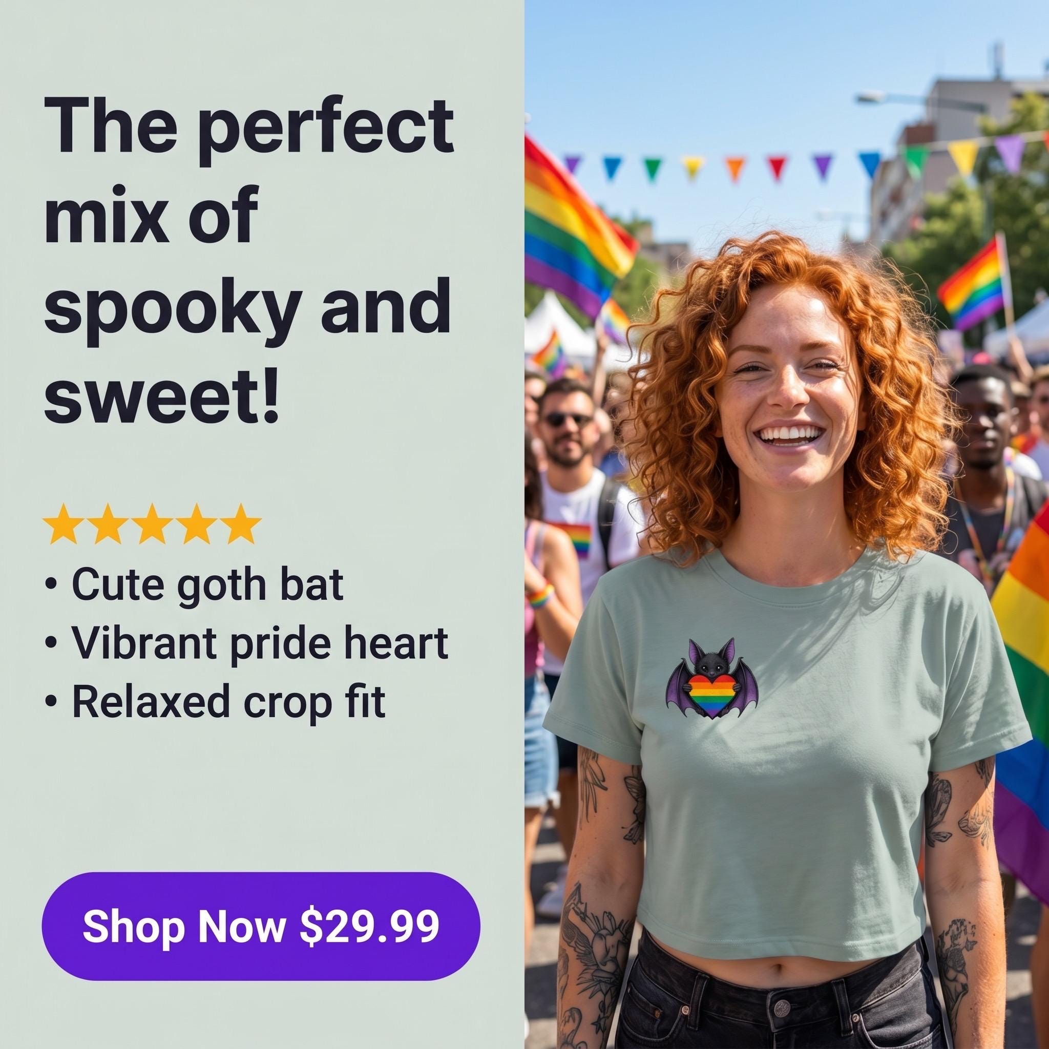 Pride Bat Crop Top | Rainbow Heart Bat Shirt | LGBTQ Pride Crop Tee | Cute Goth Pride Shirt | Bat Lover Gift