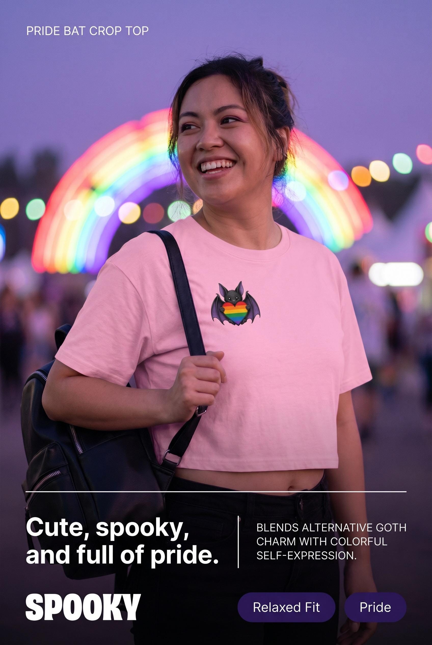 Pride Bat Crop Top | Rainbow Heart Bat Shirt | LGBTQ Pride Crop Tee | Cute Goth Pride Shirt | Bat Lover Gift