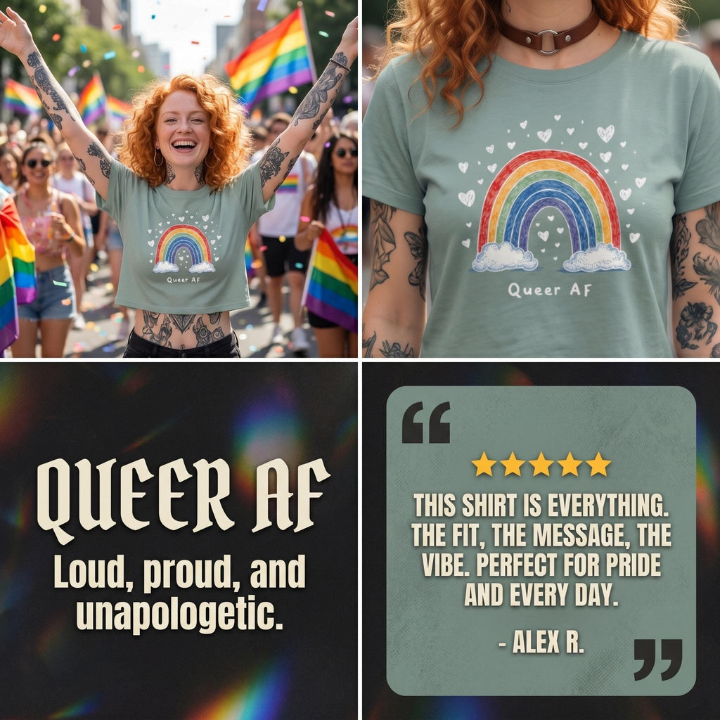 Queer AF Rainbow Crop Top | Funny LGBTQ Pride Shirt | Gay Pride Crop Tee | Pride Month Shirt | Rainbow Pride Top